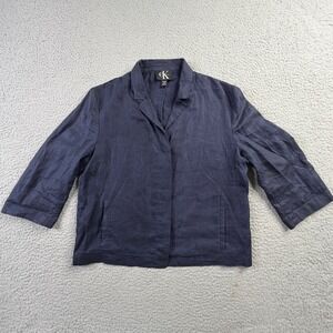 VTG Calvin Klein Navy 100% Linen 3/4 Sleeve Blazer Jacket Hong Kong Womens 6